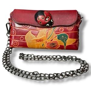 Red Floral Leather Crossbody Wallet with Ladybug Accent